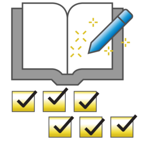 Drawing of book with check boxes checked off, representing Quick and Easy Doc Specifications