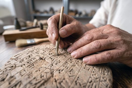 Elderly scholar writing cuneiform on a clay tablet